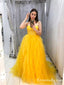 Elegant Charming Spaghetti Strap Yellow Organza A-line Long Cheap Formal Evening Party Prom Dresses, PDS0040