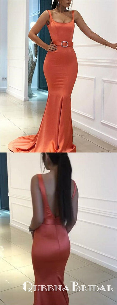 Mermaid Evening Gowns Belt Straps Orange Red Long Prom Dresses, QB0779