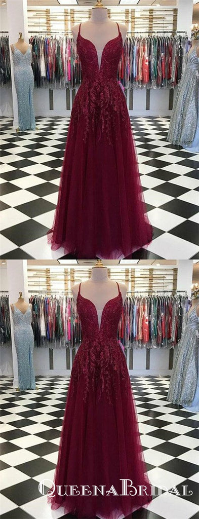 Deep V Neck Burgundy Long Appliques Evening Party Prom Dresses, QB0756