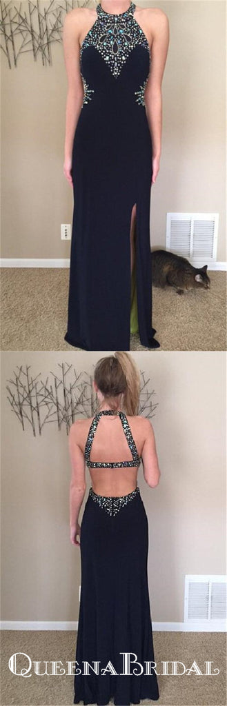 Black Halter Long Cheap  Beaded Prom Dresses With Side Slit, QB0657