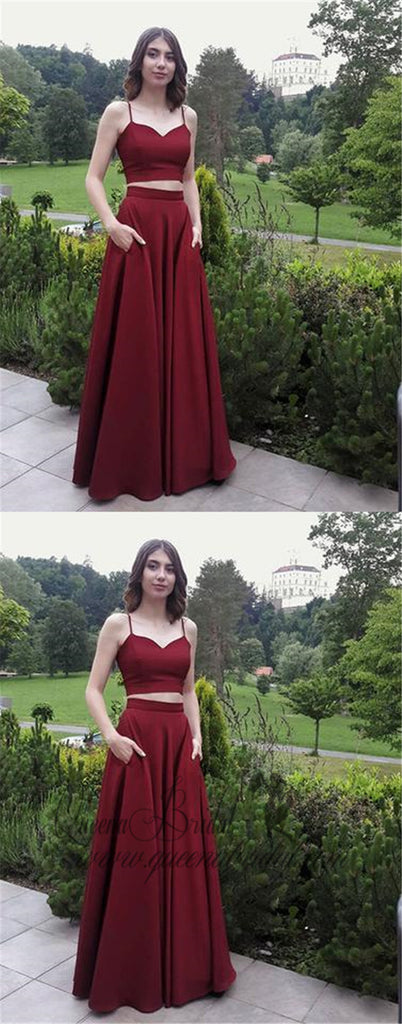 Two Pieces Burgundy Spaghetti Strap Long Cheap Prom Dresses, QB0462