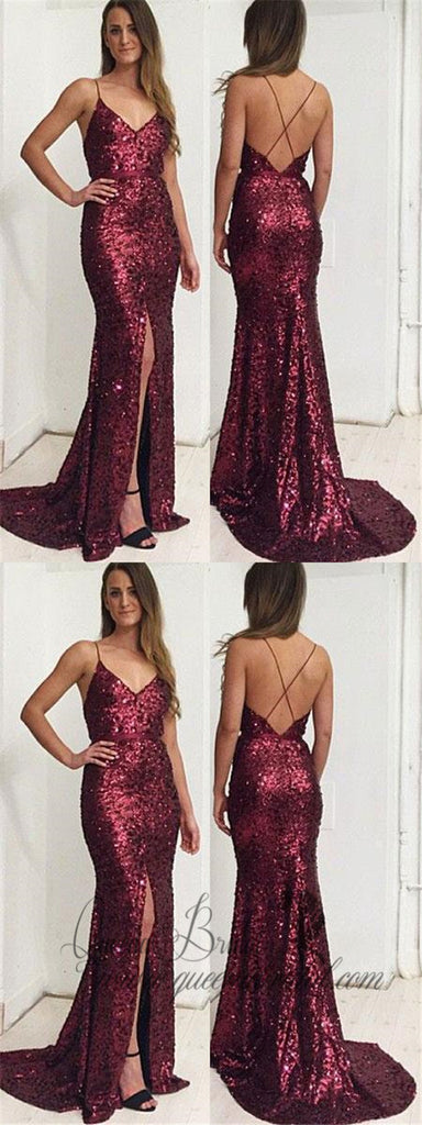 Gold Mermaid Prom Dresses with Slit Backless Formal Dresses, QB0342