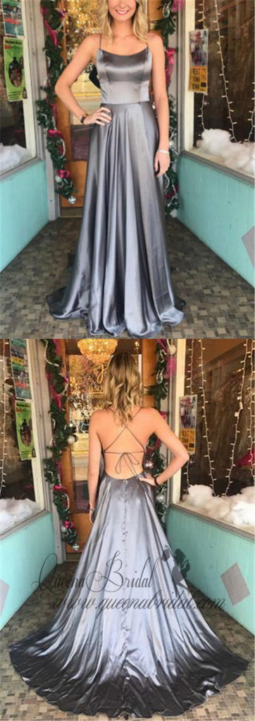 Spaghetti Straps Backless Silver Custom Long Evening Prom Dresses, QB0456