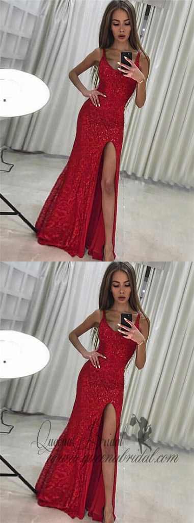 Sparkly Red Side Slit Lace Mermaid Long Evening Prom Dresses, QB0434