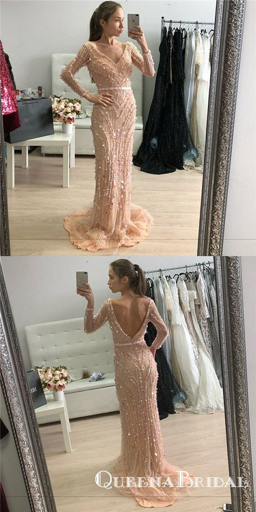 Mermaid V-Neck Long Sleeves Blush Pink Prom Dresses with Sequins, QB0518