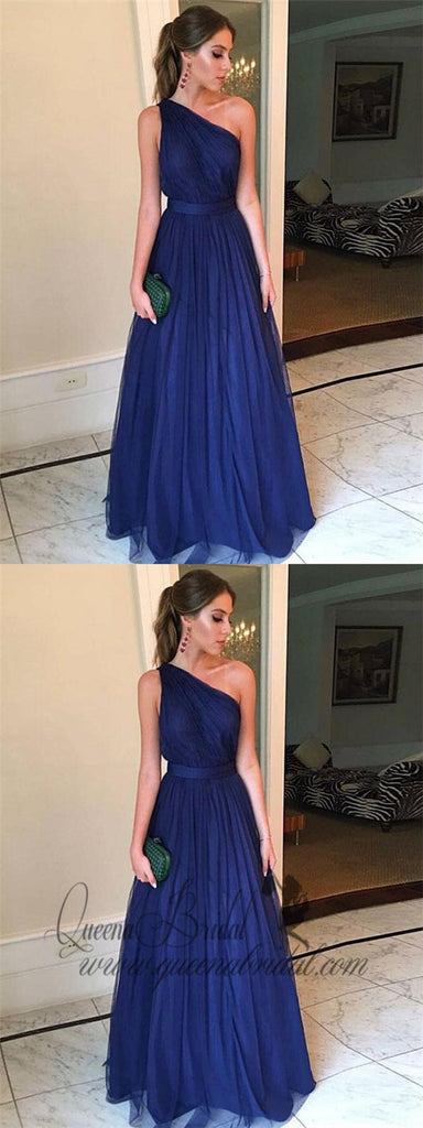 Simple Charming One Shoulder Navy Tulle Long Evening Prom Dresses, QB0412