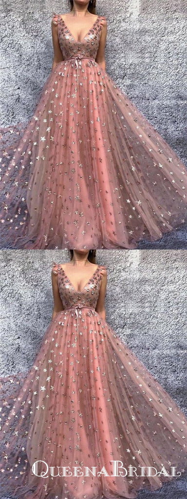 2019 Charming Chic A-line V-neck Pink Tulle Long Prom Dresses, QB0599