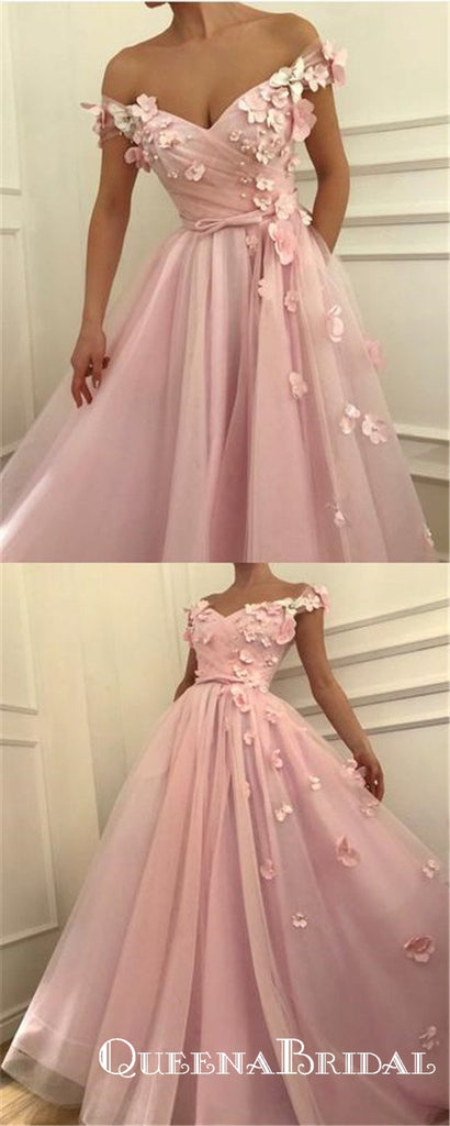 Gorgeous Flowers Beaded V-neck Off Shoulder Long Prom Dresses, QB0545