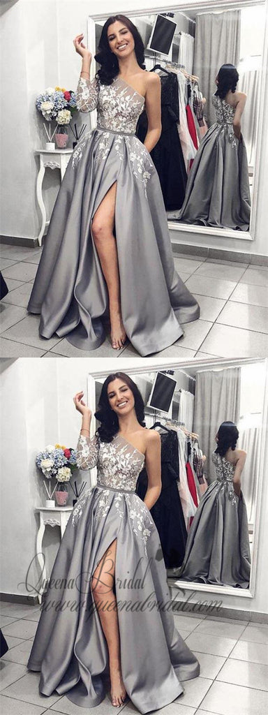 2019 Grey One Shoulder Long Sleeves Lace Long Evening Prom Dresses, QB0406