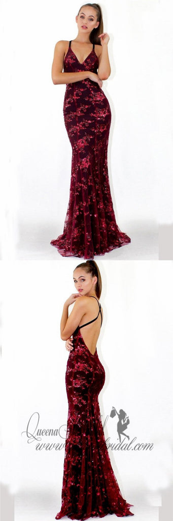 Sexy Maroon Straps Mermaid Sequin Cheap Evening Prom Dresses, QB0361