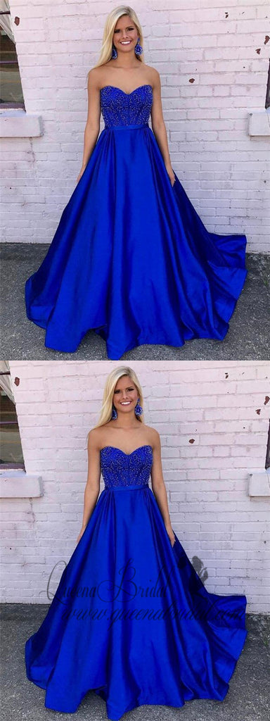 A-line Sweetheart Neck Royal Blue Satin Long Prom Dresses Online, QB0291