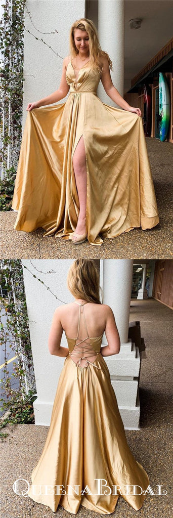 Halter Lace-Up Mesh Gold Long Cheap Prom Dresses with Slit, QB0764