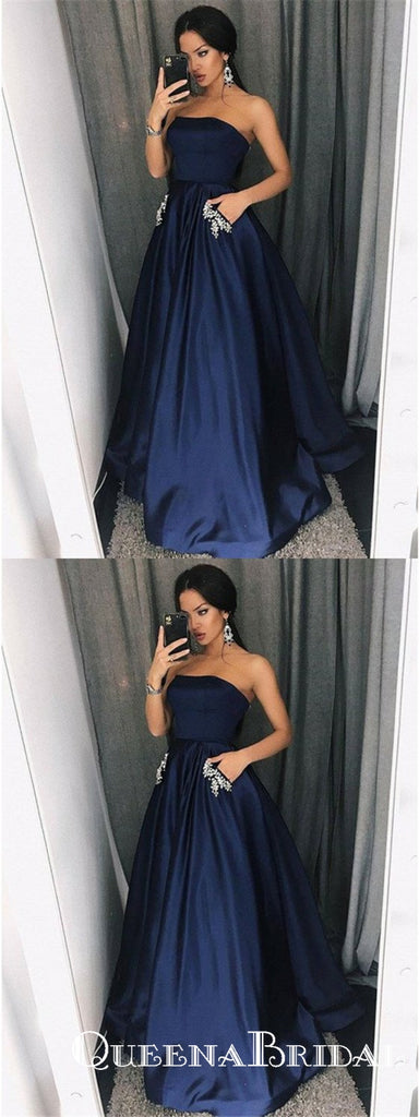 A-Line Straight Neck Sleeveless Navy Blue Long Prom Dresses With Beaded, QB0739