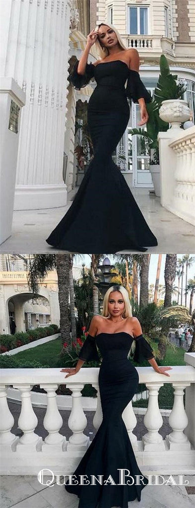 Charming Off The Shoulder Mermaid Black Long Prom Dresses, QB0632