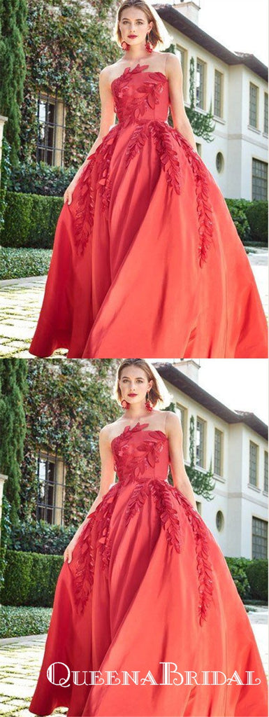 Red Color Appliques A-line Strapless Long Cheap Prom Dresses, QB0800