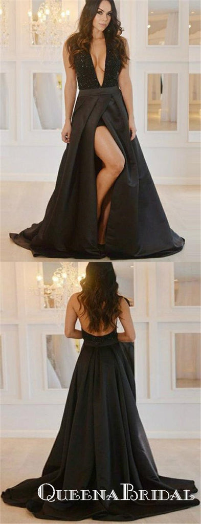 Sexy A-Line Deep V Neck Backless Black Satin Long with Beaded Slit Prom Dresses, QB0563