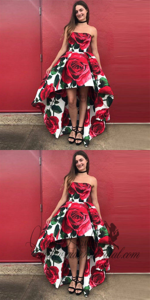 A-Line Strapless Sleeveless High Low Floral Red Satin Prom Dresses Online, QB0253