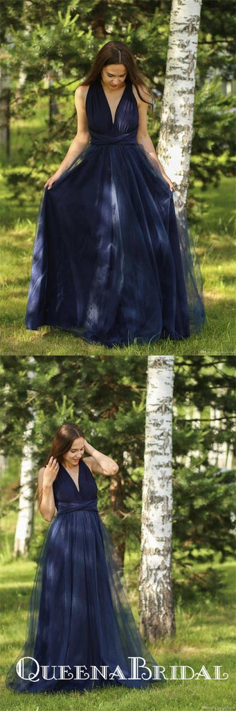 Simple Navy Blue V Neck Sleeveless Long Cheap Prom Dresses, QB0751