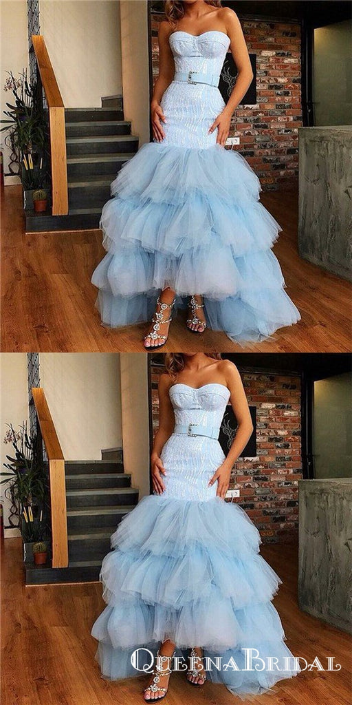 Mermaid Sweetheart High Low Light Blue Tiered Tulle Prom Dresses, QB0521