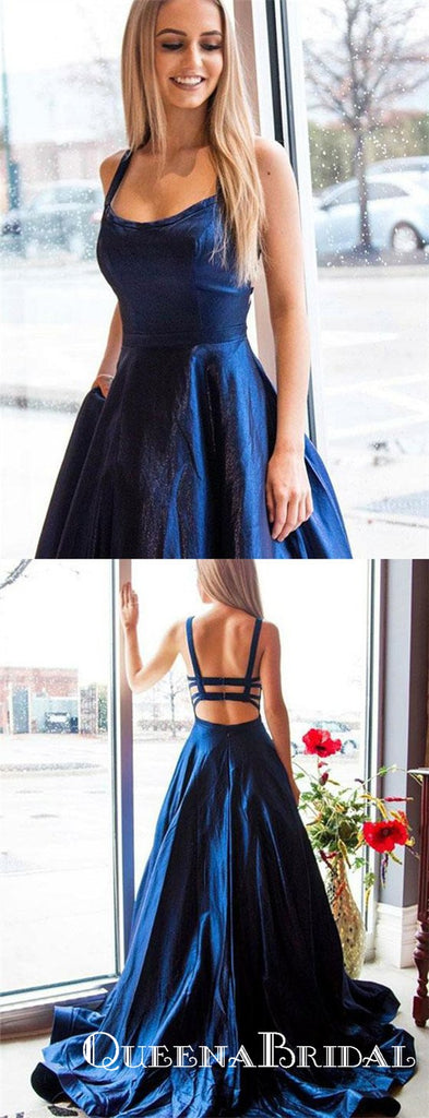 Charming Navy Blue Long Cheap Spaghetti Straps Backless Prom Dresses, QB0638