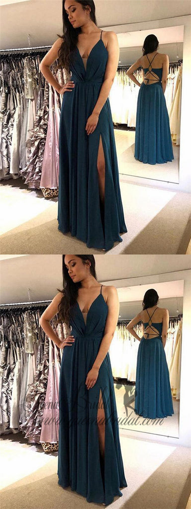 Spaghetti Straps Sexy Teal Side Slit Long Evening Prom Dresses, QB0420