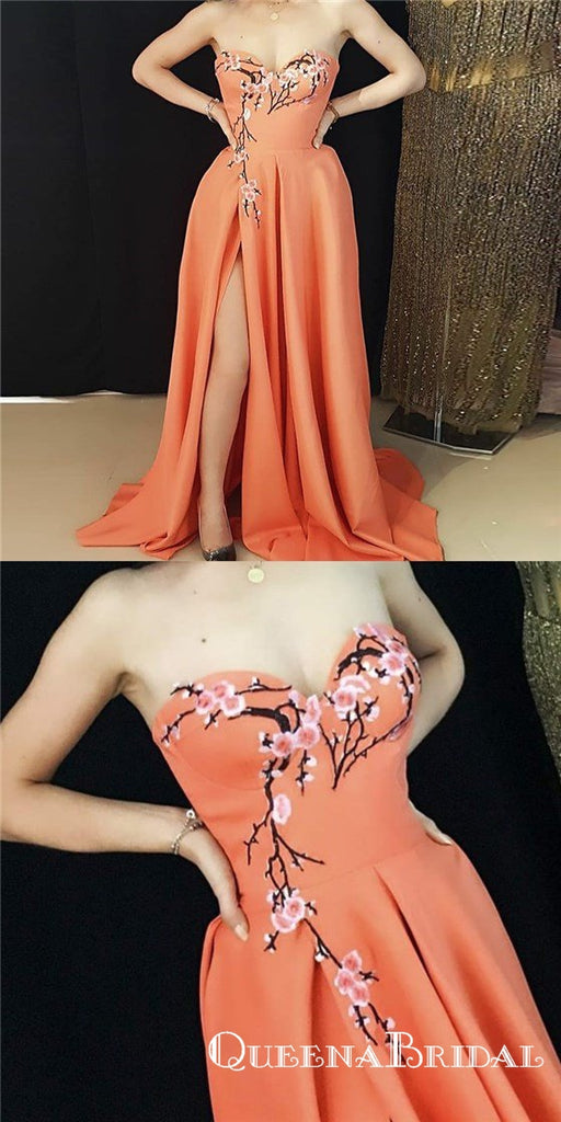 A-Line Sweetheart Long Orange Satin Prom Dresses with Appliques Split, QB0511