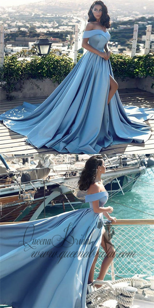 A-Line Off the Shoulder Split Front Light Blue Satin Prom Dresses with Pleats, QB0238