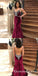 Mermaid Spaghetti Straps Backless Burgundy Prom Dresses with Beading, QB0526