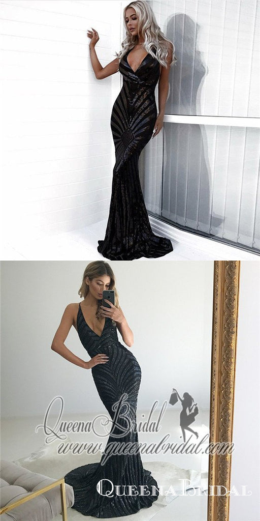 Mermaid Spaghetti Strap Backless Long Black Sequined Prom Dresses, QB0498