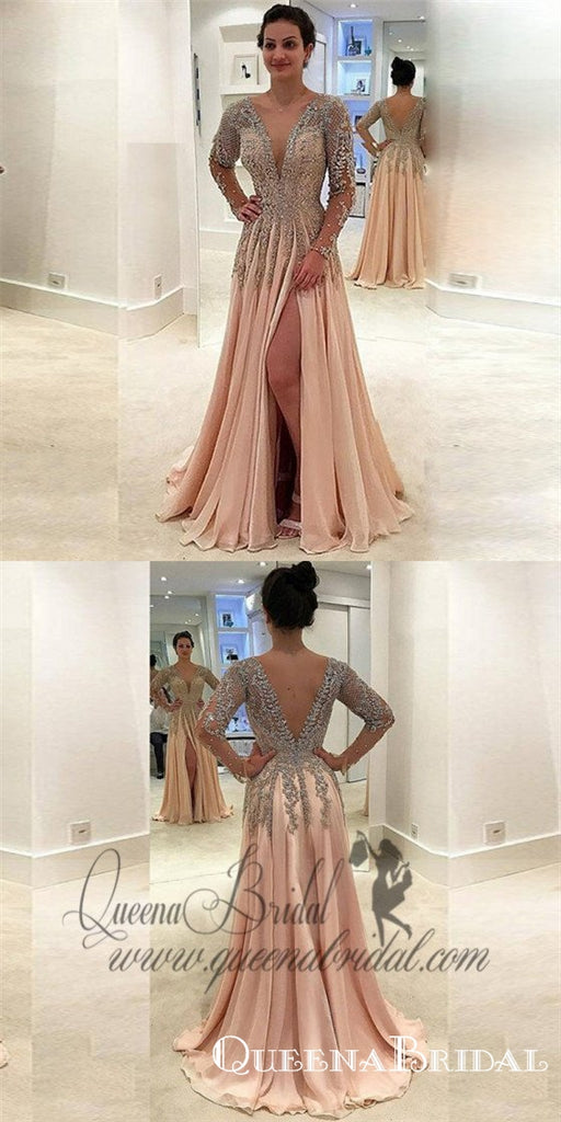 Sexy V-Neck Long Sleeve Light Chiffon Prom Dresses with Appliques Beading, QB0232