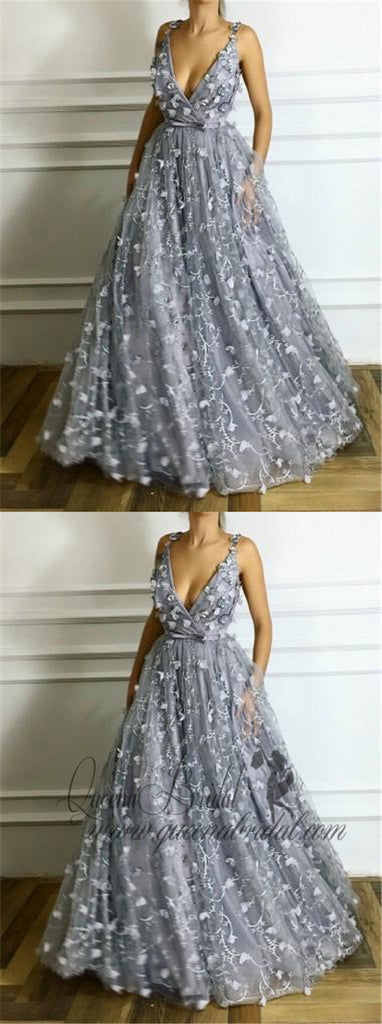 Popular V Neck Gray Flower A-line Long Evening Prom Dresses, QB0457