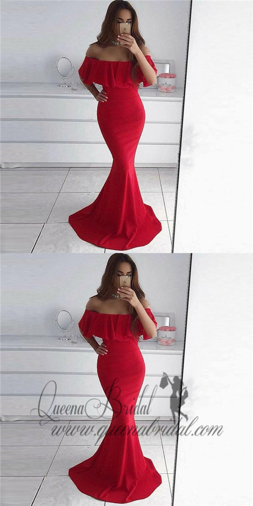 2019 Simple Red Off Shoulder Long Evening Prom Dresses, QB0452