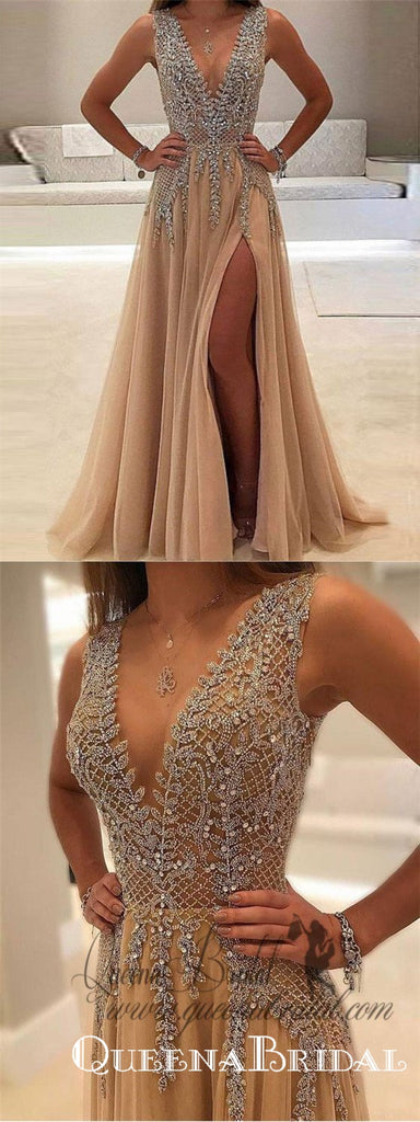 A-line V-neck Evening Dress with Slit Sexy Shiny Rhinestone Long Prom Dresses, QB0335