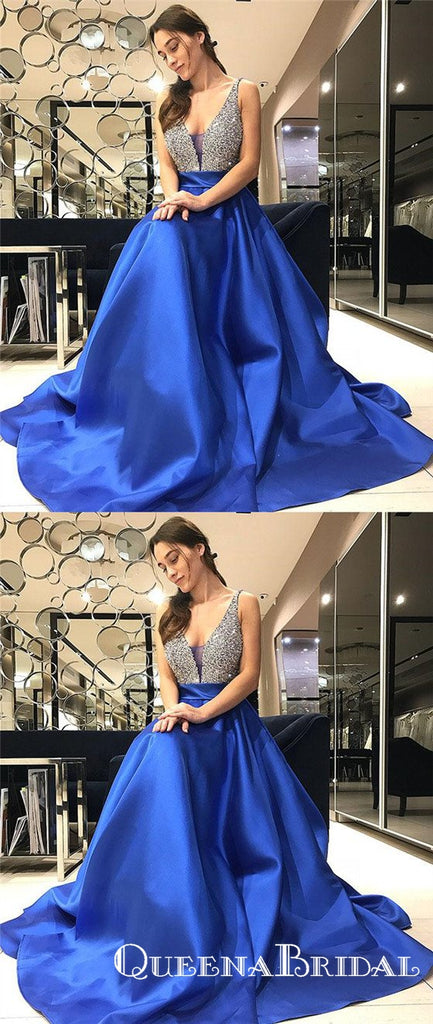 A-Line V-Neck Long Cheap Royal Blue Satin Prom Dresses With Beaded, QB0684