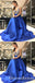 A-Line V-Neck Long Cheap Royal Blue Satin Prom Dresses With Beaded, QB0684