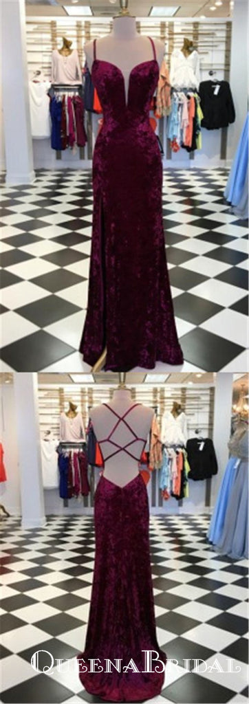 Charming Mermaid Spaghetti Straps Cross Back Split Velvet Burgundy Long Prom Dresses, QB0601