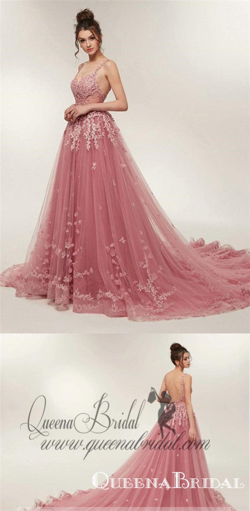 See Through Dusty Pink Lace A-line Long Evening Prom Dresses, QB0377