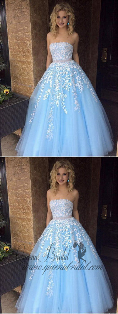 A-line Princess Sky Blue Lace Appliqued Tulle Long Strapless Prom Dresses, QB0340