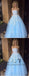 A-line Princess Sky Blue Lace Appliqued Tulle Long Strapless Prom Dresses, QB0340