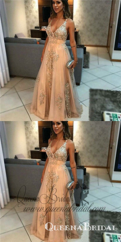 Charming  V-Neck Long Light Champagne Prom Dresses with Appliques, QB0492