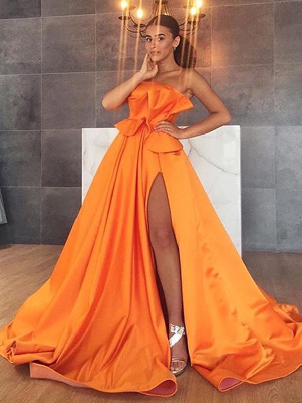 Sexy Strapless Orange Stain A-line Split Long Cheap Prom Dresses, PDS0107