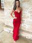 Elegant Spaghetti Strap Red Lace Mermaid Long Cheap Prom Dresses, PDS0105