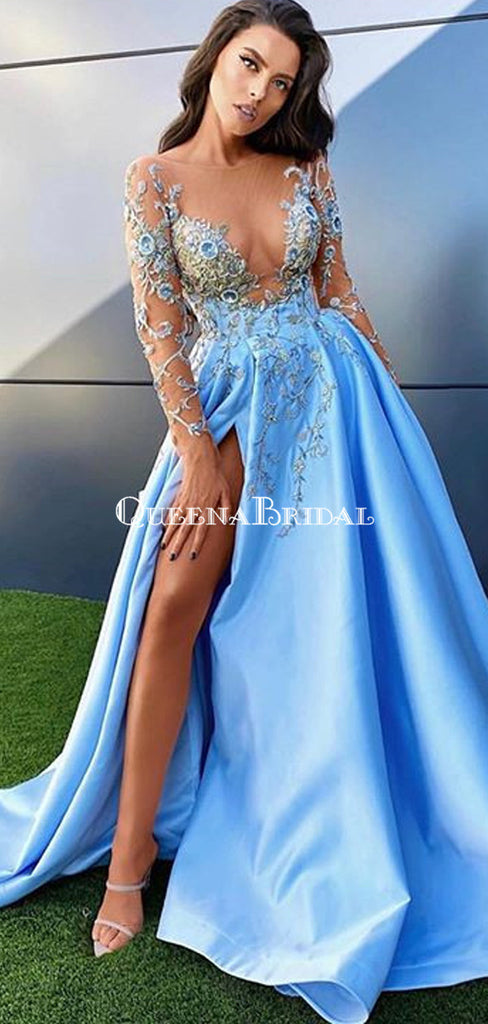 Elegant Illusion Neckline Long Sleeves Blue Satin A-line Long Cheap Prom Dresses, PDS0100