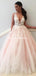 Blush Pink Lace Applique Ball Gown Long Ball Gowns Short Prom Dresses, QB0298