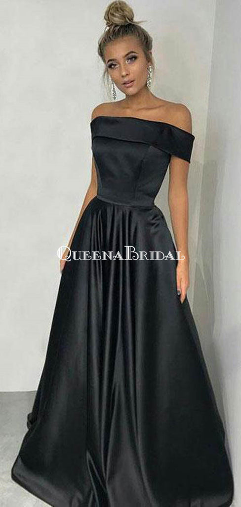 Princess Off the Shoulder Black Satin Long Simple Prom Dresses, QB0347