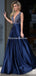 A-line V-neck Beaded Bodice Navy Blue Satin Long Prom Dresses, QB0346