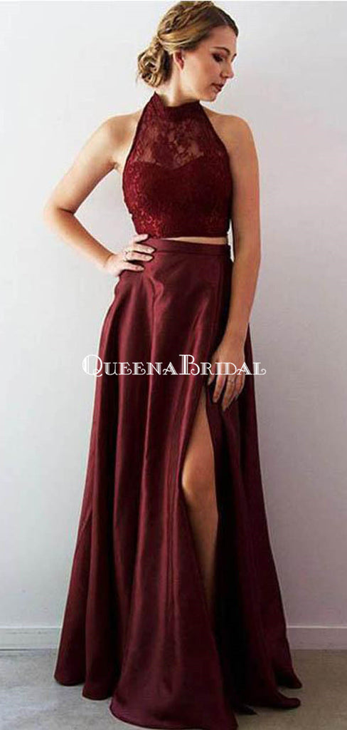 Sexy Charming Custom Two Pieces Halter Maroon Long Evening Prom Dresses, QB0373