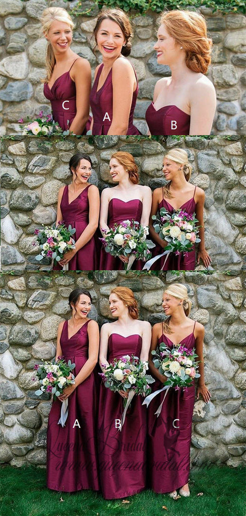 2019 A-Line V-Neck Long Fuchsia Satin Bridesmaid Dresses, QB0488