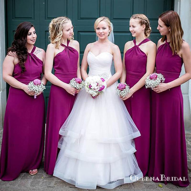 A-Line Cross Neck Long Cheap Fuchsia Chiffon Bridesmaid Dresses, QB0709