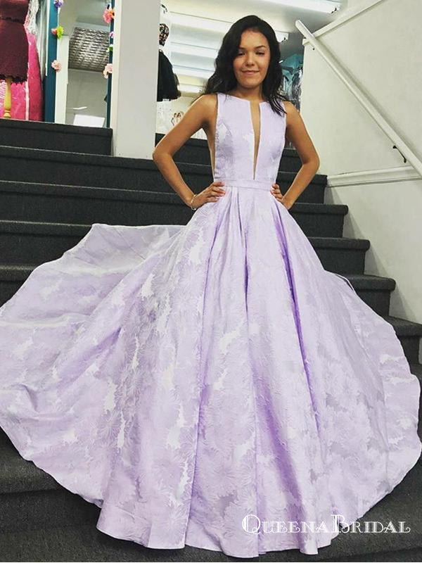 A-Line Bateau Sleeveless Long Cheap Lilac Floral Satin Prom Dresses, QB0590